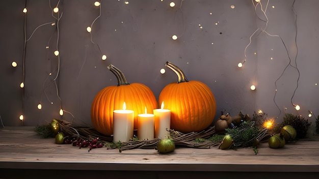 Photo thanksgiving pumpkins on rustic table with candles