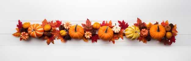 Thanksgiving Pumpkins on White Wooden Surface Covered with Fall Leaves AI Generated