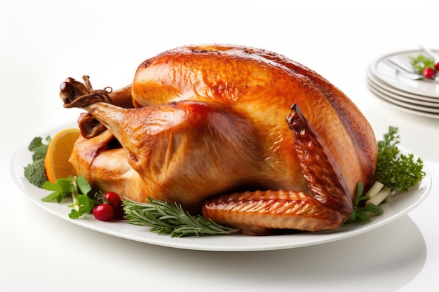 Thanksgiving roasted turkey in a plate isolated on white background above view