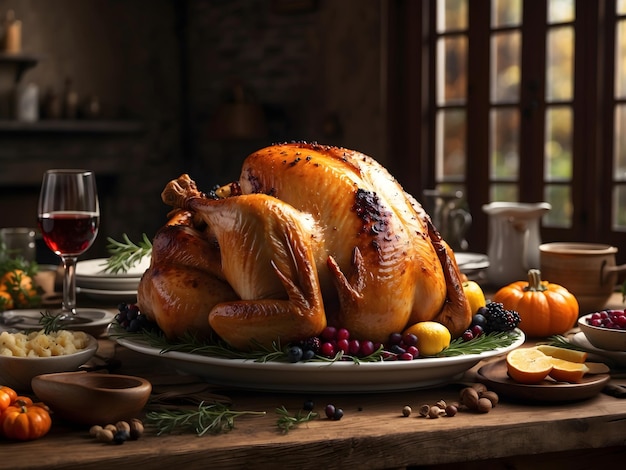 Thanksgiving Roasted Turkey on Rustic Table