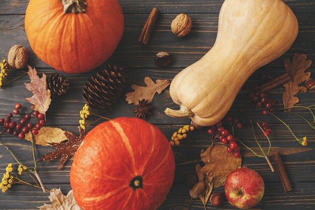 Thanksgiving samenstelling plat lag Pompoenen herfstbladeren anijs eikels kaneel op rustiek hout