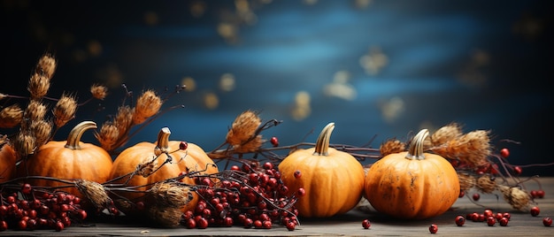 Thanksgiving small pumpkins and leaves on rustic