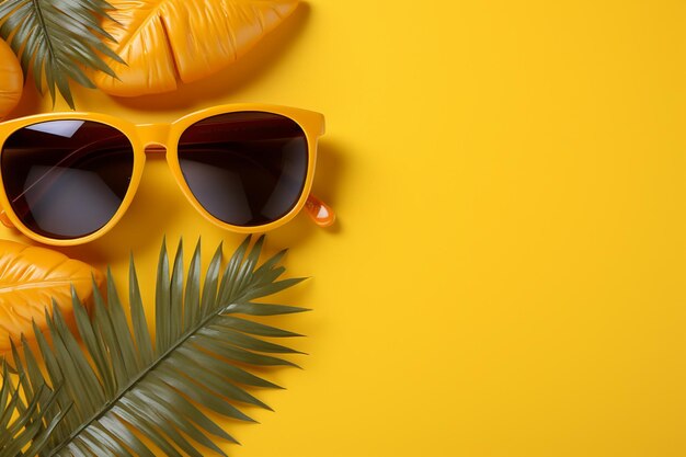 Thanksgiving and summer decoration concept mode form palm swim ring and sunglasses on yellow