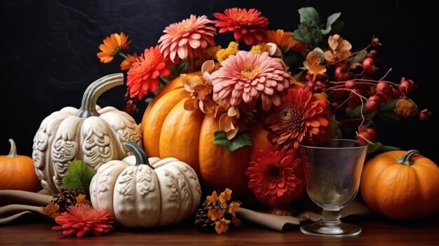 Thanksgiving table setting with real pumpkin and fresh cut flowers Autumn theme Place for text