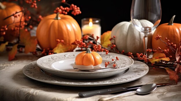 Thanksgiving table setting with real pumpkin and fresh cut flowers Autumn theme Place for text