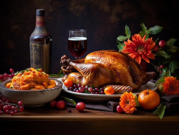 Thanksgiving table setting with roasted turkey and pumpkins copy space