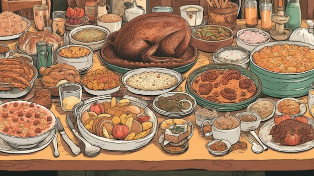 A thanksgiving table with a turkey and other foods on it