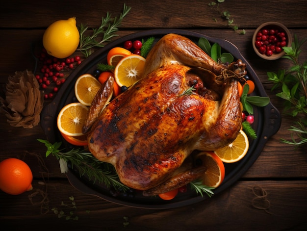 Thanksgiving turkey background close up Roasted turkey garnished with oranges cranberries and herbs on wooden table Festive dish served for Thanksgiving or Christmas family dinner top view