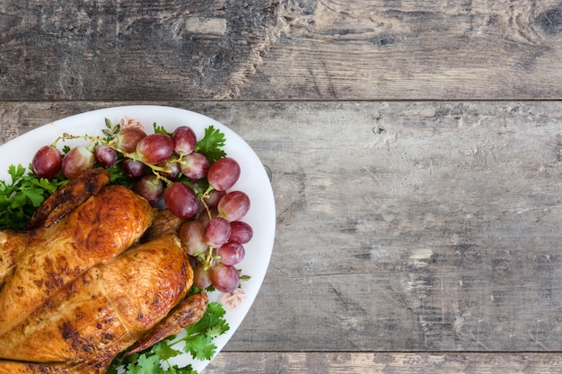 Thanksgiving turkey on rustic wooden. Copy space