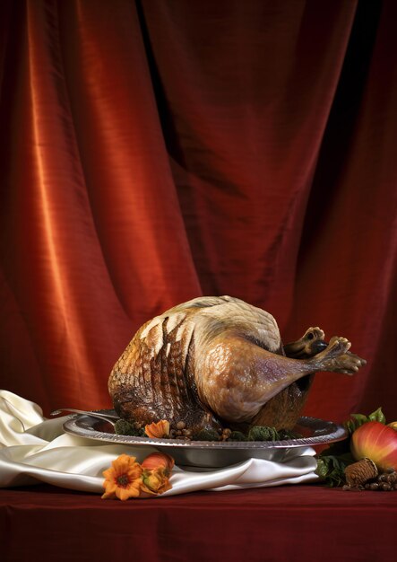 Thanksgiving turkey on silk tablecloth in front of velvet background