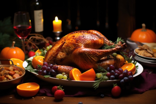 Thanksgiving turkey with a garnish of pink pepper blackberry and fresh rosemary served on a festive table with pumpkins beans carrots and champagne flutes