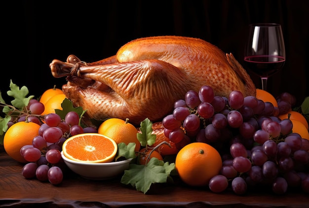 thanksgiving turkey with oranges grapes and a grape vine