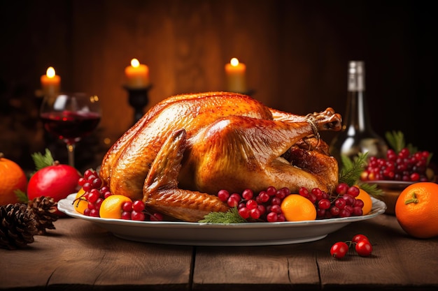 Thanksgiving turkey with vegetables on wooden table