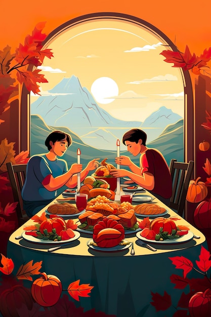 Thanksgiving vector hand drawn flat illustration of people celebrating thanksgiving dinner together