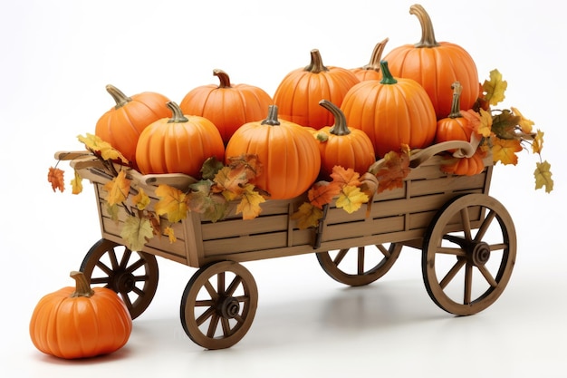 Thanksgiving wagon full of plane pumpkins with leaves falling on a white background