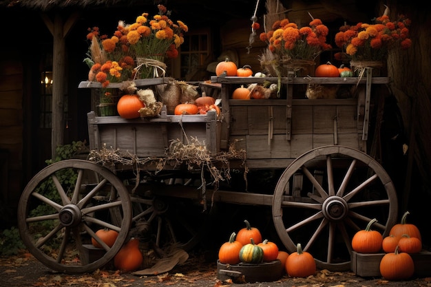 Thanksgiving wagon full of plane pumpkins with leaves falling