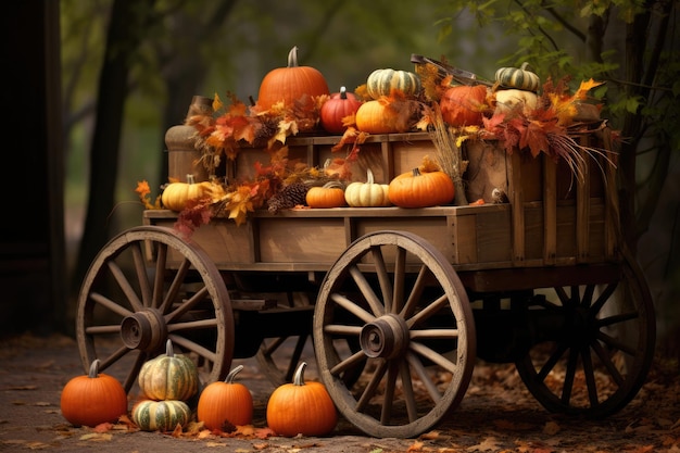 Thanksgiving wagon full of plane pumpkins with leaves falling