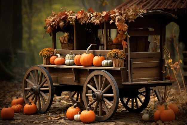 Повозка на День Благодарения, полная плоских тыквы с падающими листьями.