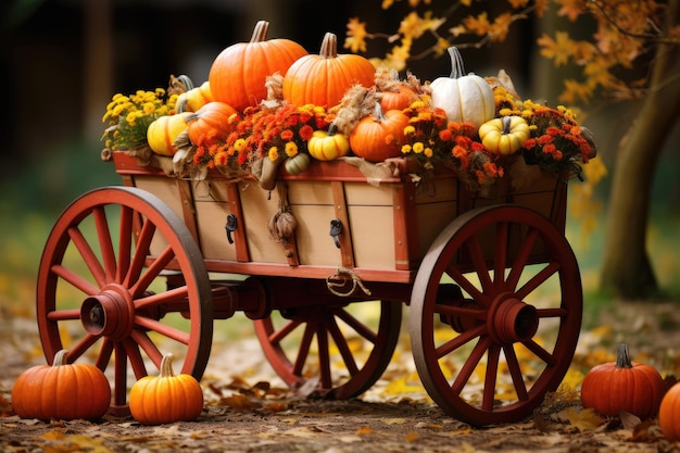 Thanksgiving wagon full of plane pumpkins with leaves falling