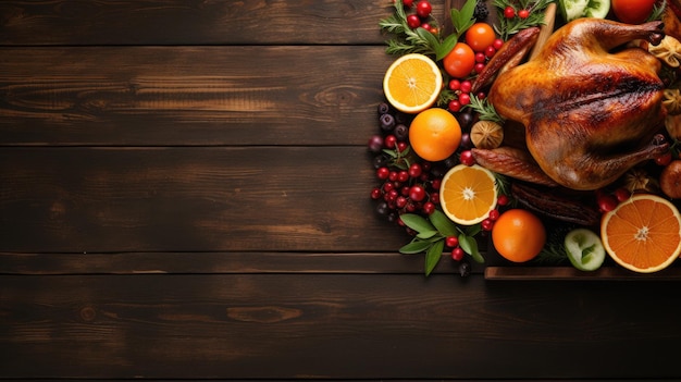 Thanksgiving whole roast turkey with citrus fruits on a plank table made of brown wood Generative Ai