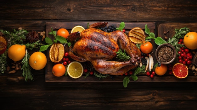 Thanksgiving whole roast turkey with citrus fruits on a plank table made of brown wood Generative Ai