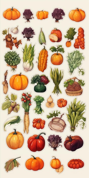 Photo thanksgivingthemed grocery art sticker collection featuring pumpkins cranberries and seasonal vegetables in atmospheric watercolor tones with loose linework details generative ai