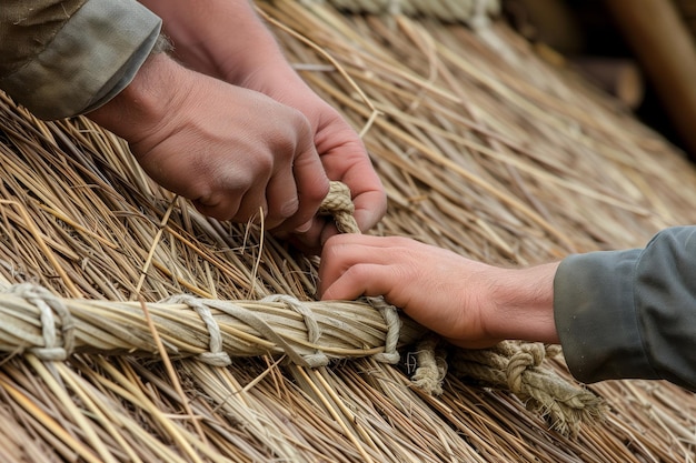 Thatch roof detail with roofers hands tying knots