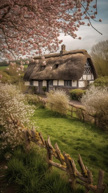 A thatched cottage in spring with pink flowers in the foreground