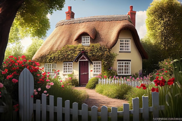 Thatched cottage with garden and picket fence in the countryside