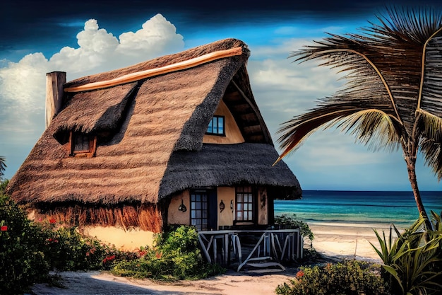 Thatched house on the beach overlooking the ocean