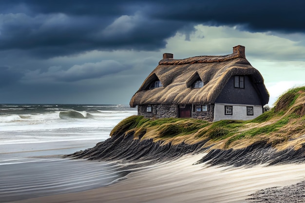 Thatched house on the beach with view of waves rolling in