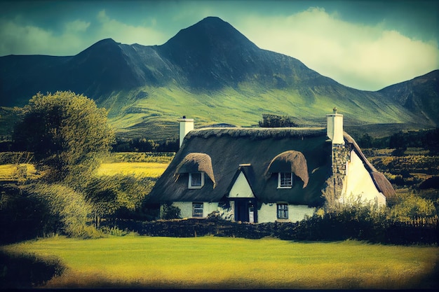 Thatched house on rolling green field with mountain range in the background