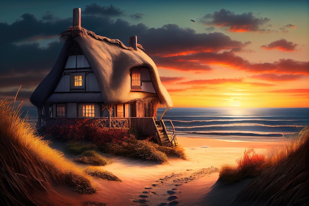 海と雄大な夕日を望む海岸の茅葺き家
