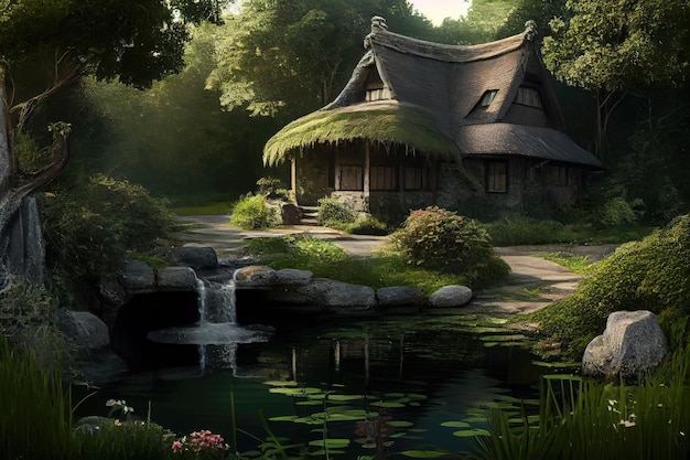 Thatched house surrounded by lush greenery with waterfall and pond in the background