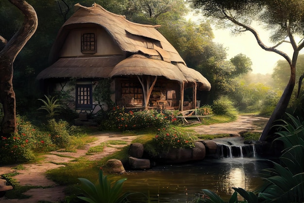 Thatched house surrounded by lush greenery with waterfall and pond in the background