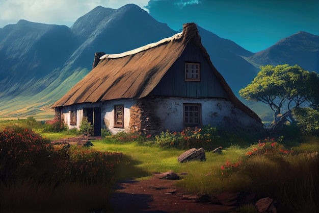 Дом с соломенной крышей в окружении величественных гор и ясного голубого неба