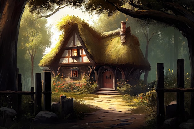 Thatched house surrounded by towering trees in the forest