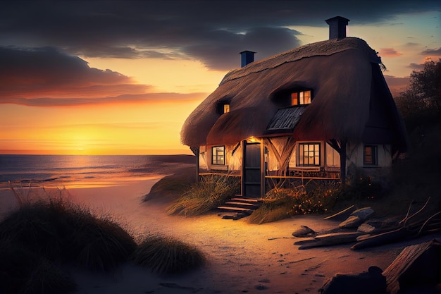 Thatched house with view of the beach during sunset