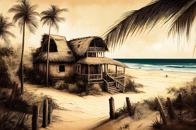 야자수와 따뜻한 모래로 둘러싸인 해변이 보이는 초가집