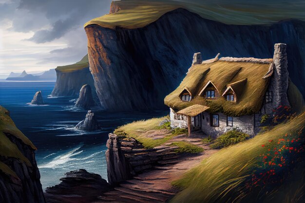 崖と岩に囲まれた海を望む茅葺き家屋