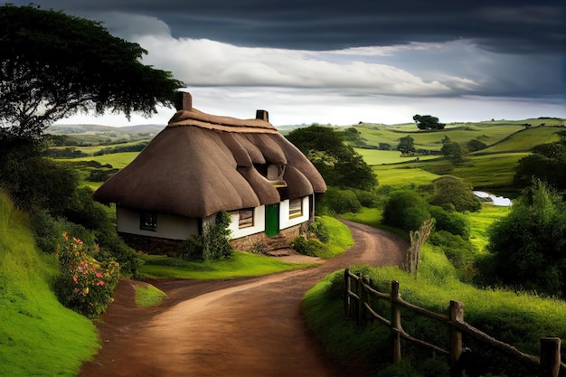 Thatched house with view of rolling hills surrounded by greenery