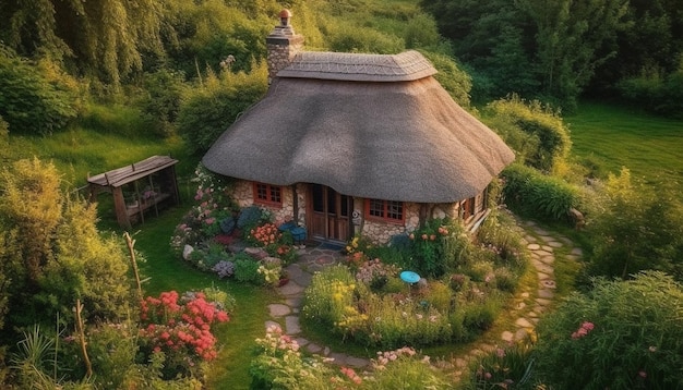 AI によって生成された古代の田舎の農場の茅葺き屋根の小屋