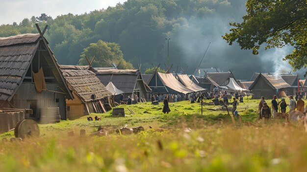 Thatched roof huts in a field There are people walking around and there is smoke coming from the huts In the background there are some trees