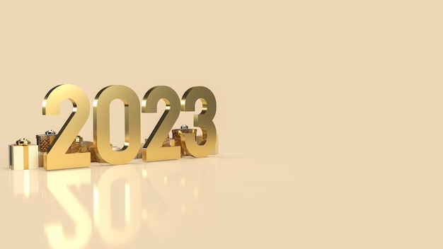 사진 축하 또는 새해 복 많이 받으세요 개념 3d 렌더링을 위한 2023년 금 번호 및 선물 상자