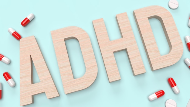 사진 의료 콘텐츠 3d 렌더링을위한 adhd 목재 텍스트 및 약물