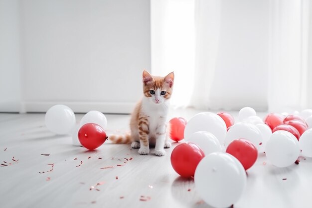 写真 赤と白のコンフェッティとパーティーバルーンで祝った可愛い赤い猫は ⁇ コピースペースの付いた白いタイルの床に ⁇ ジェネレーティブai