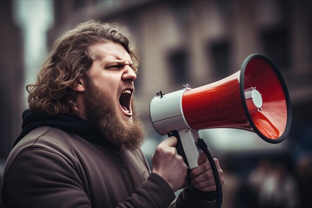 사진 증폭된 선언: a man's megaphone announcement at 32