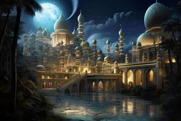 写真 アラビアの夜の童話 月の光の中の風景 壮大なスルタン39の宮殿は金で輝いています