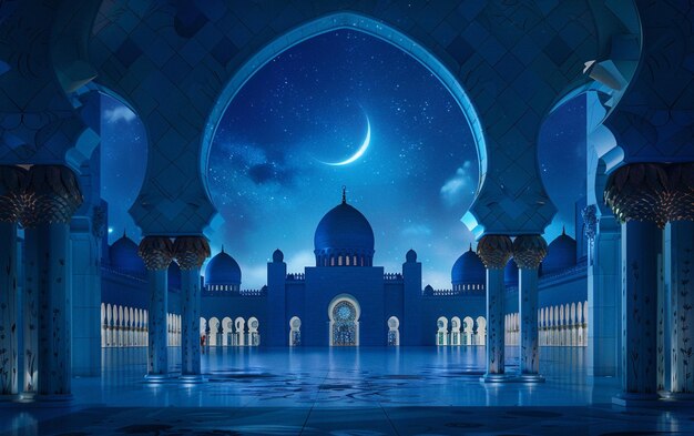 Фото Архитектура здания мечети ночью с луной