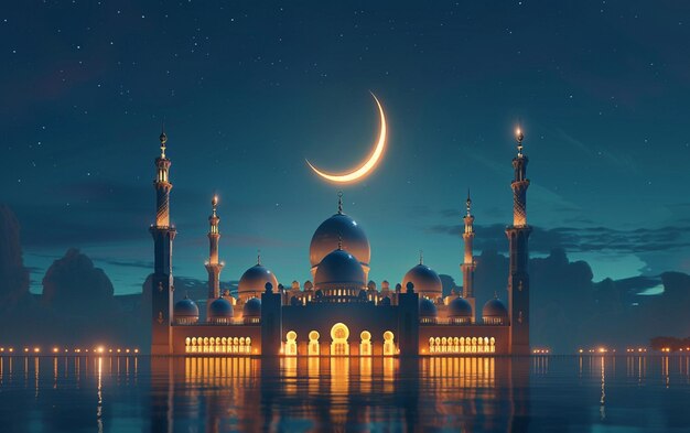 Фото Архитектура здания мечети ночью с луной